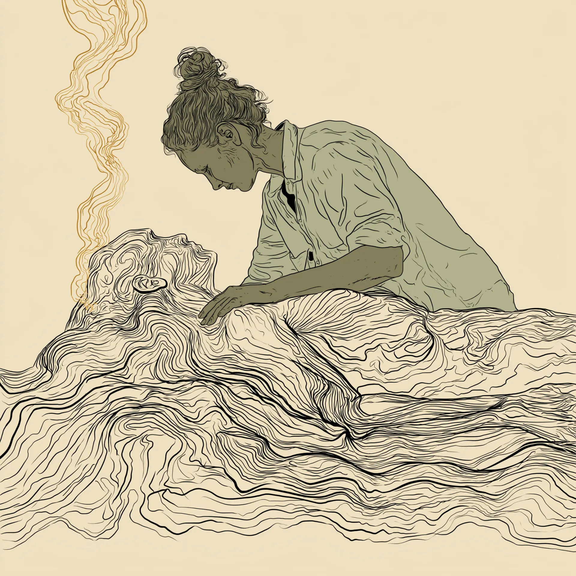 Line illustration of a practitioner working hands-on with a body