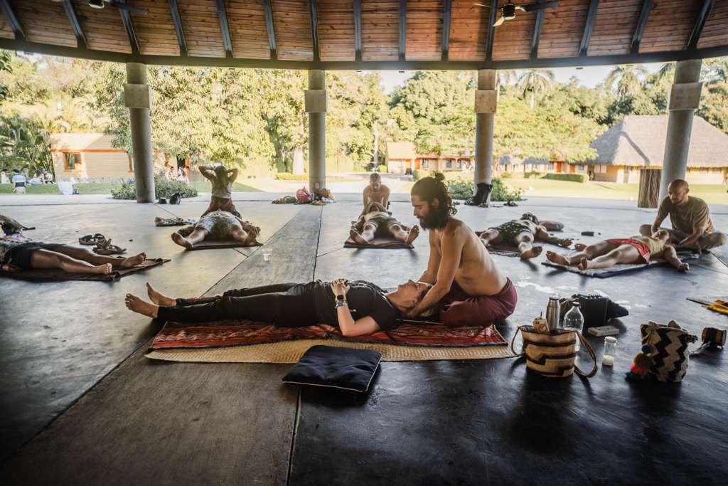 Group practice under an open-air pavilion